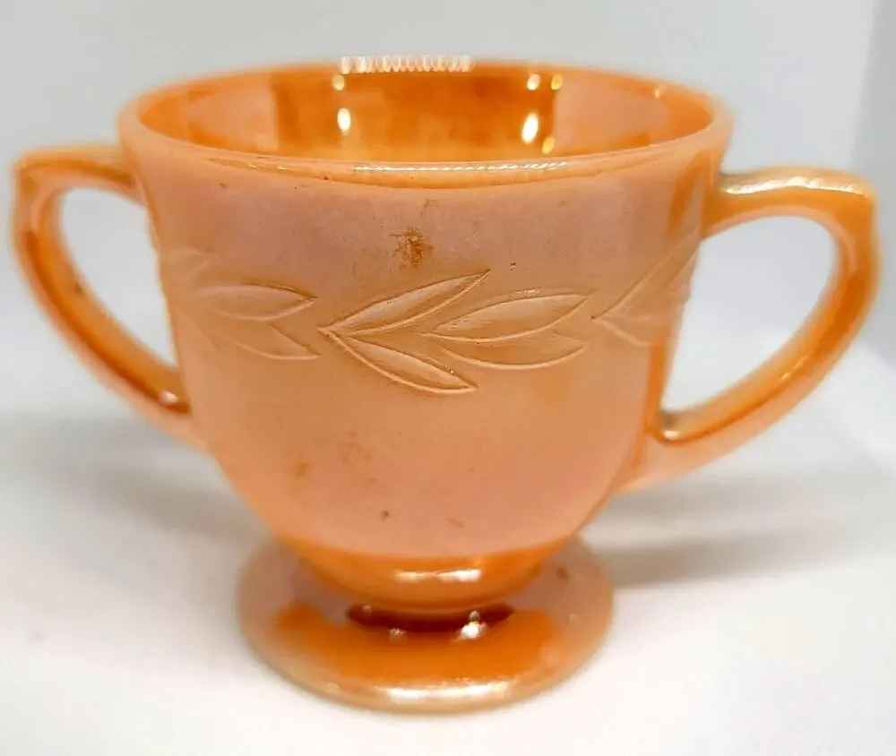 VNTG Fire King Laurel Leaf Footed Open Sugar Bowl Peach Luster Anchor Hocking